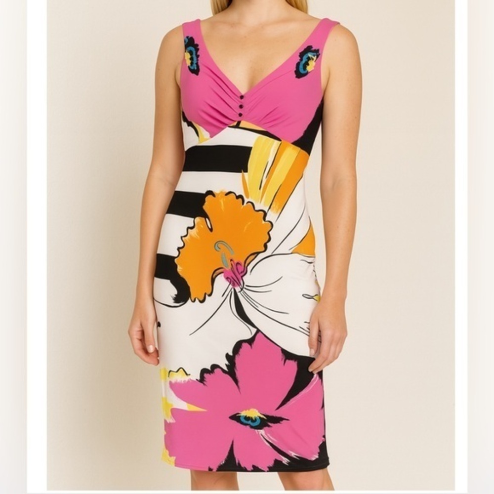 Yigal Azrouel Sleeveless V-Neck Abstract Floral Print Sheath Midi Dress